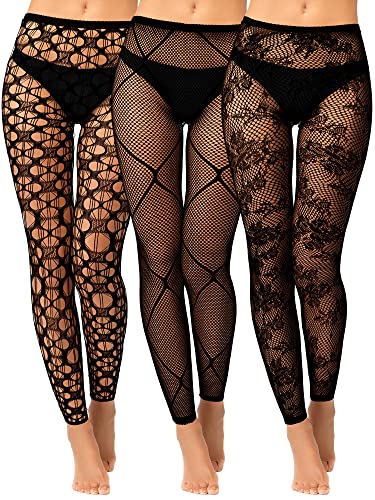 Jadive 3 Stück Damen Netzstrumpfhosen Schwarz Strumpfhose mit Hoher Taille Fußlose Gotisch Netzstrümpfe (Gemusterter Stil) von Jadive