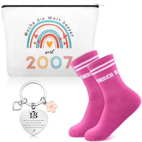 Jadive Geschenk 18 Geburtstag Mädchen Frauen inklusive 2007 Kosmetiktasche für Frauen Socken und Schlüsselanhänger für Damen Tochter Schwester Freundin Teenager von Jadive