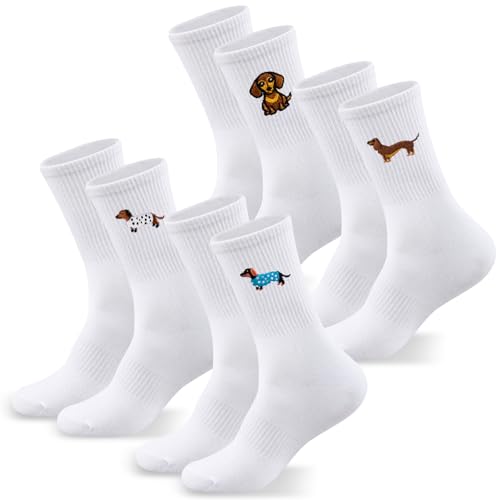 Jadive 4 Paar Tennissocken mit Motiv Damen Herren Dackelsocken Crew Socken mit Hundemotiven Lustige Geschenke(43-46) von Jadive