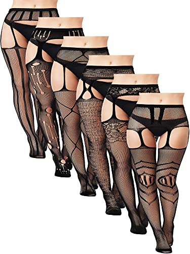Jadive 6 Paar Damen-Fischnetz-Strümpfe in Übergröße, Strumpfband, Gürtel, Dessous, Strumpfhosen für Damen, Schwarz, Medium-XX-Large Plus von Jadive