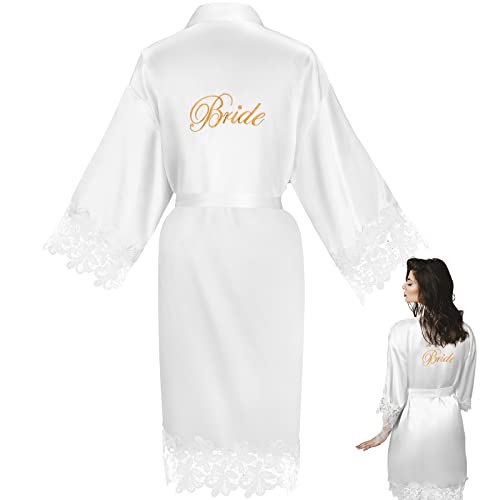 Bride Morgenmantel Braut Hochzeit Robe mit Spitzen Stickerei Satin Weiße Robe für Damen Kimono, Übergröße (XXL) von Jadive