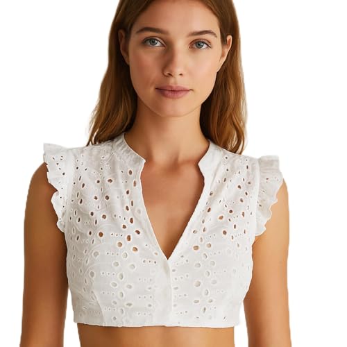 Jadive Dirndlblusen mit Flügelärmeln Damen Trachtenbluse Weiß V-Ausschnitt Dirndlbluse Hohles Design für Bayerisches Bierfest von Jadive