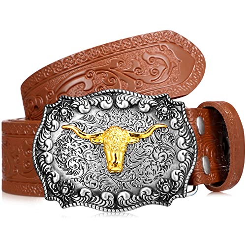 Jadive Herren Gürtel Western Cowboy Bull Leder Schnallen Gürtel Longhorn Schnalle mit Blumen Gravur für Männer (Braun, 115 cm) von Jadive