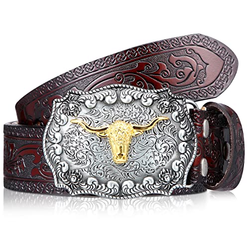 Jadive Herren Gürtel Western Cowboy Vintage Bull Leder Schnallen Gürtel Longhorn Schnalle Blumen Gravur (Kaffee, 115 cm) von Jadive