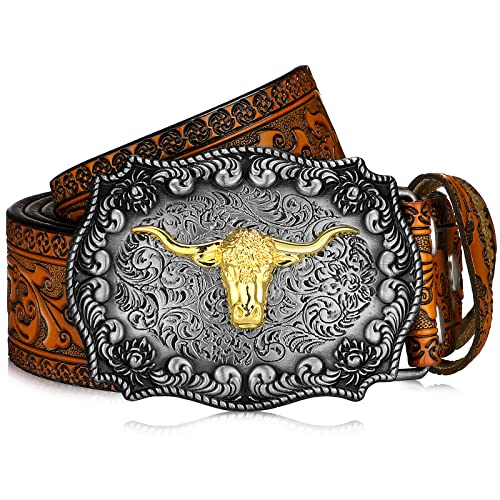 Jadive Western Leder Schnalle Gürtel Cowboy Longhorn Stier Muster Gürtel Herren Gürtel mit Blumen Gravur (Kamel, 43 Zoll) von Jadive