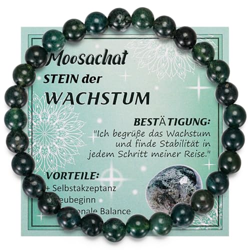 Jadive Edelstein Armband 6mm Perlenarmband für Damen Halbedelstein Elastisches Armband mit Anleitungskarte und Geschenkbox Schmuck Yoga Glücksbringer Geschenk(Moosachat) von Jadive