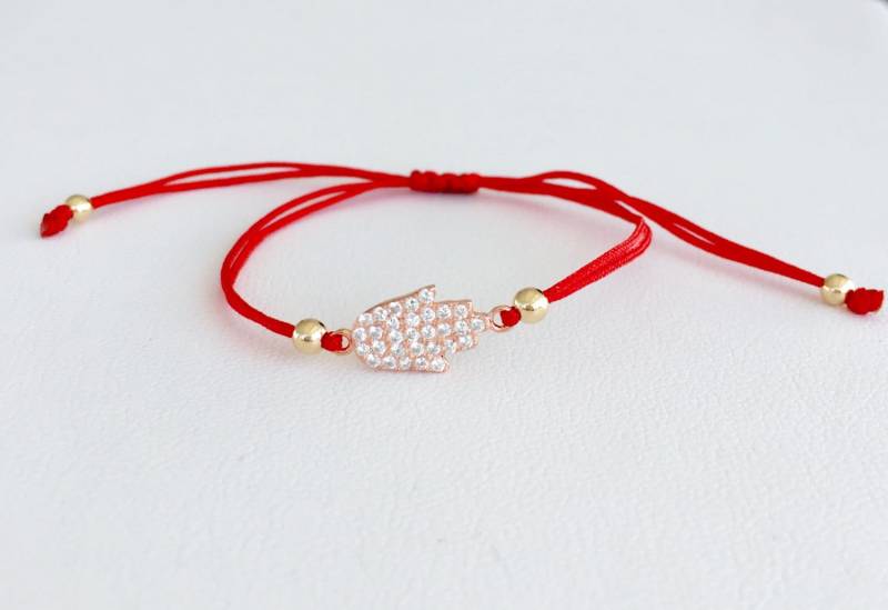 Hamsa Armband. String Fatima Glücksbringer Rotes, Braunes Oder Schwarzes Cz Anhänger von Jadorelli