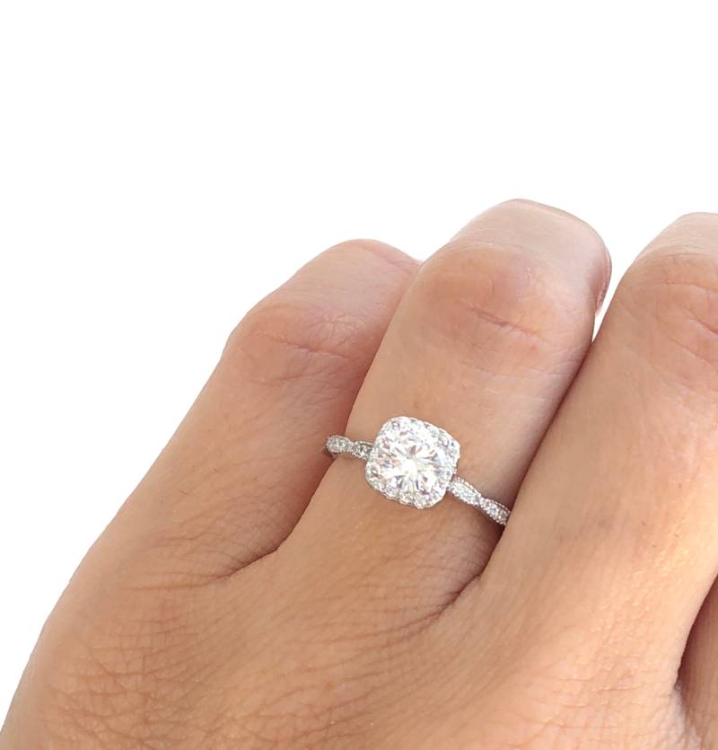 Silber Halo Verlobungsring. Solitär-Ring. Art Deco Versprechen Ring. Ehering. Runde von Jadorelli