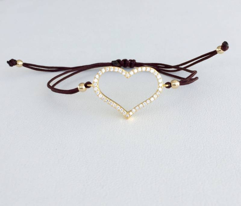 Silber Herz Armband Mit Brauner Schnur, String Armband, Gold Verstellbares Rosegold Braun Schnur von Jadorelli