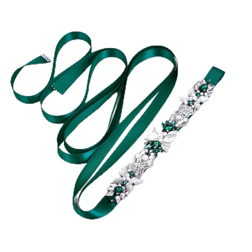 Jadvenword Eleganter Brautgürtel mit Kristallen und Perlen, Smaragdgrünes Satinband, Silberne Blumenverzierung von Jadvenword