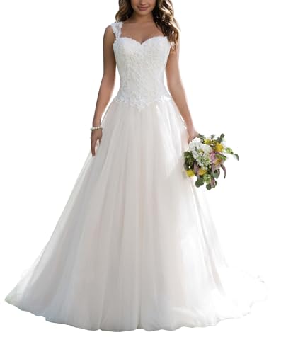 Brautkleid Hochzeitskleider Lang Prinzessin Brautmode Tüll Herzausschnitt A-Linie Weiß EUR48 von JAEDEN