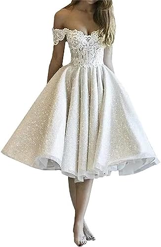 JAEDEN Brautkleid Kurz Glitzer Tüll Hochzeitskleider A-Linie Ballkleider Off Shoulder Brautmode Hochzeit Partykleid Elfenbein 42 von JAEDEN