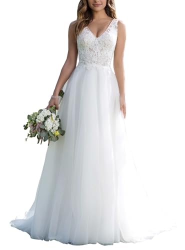 JAEDEN Brautkleid A-Linie Spitze Hochzeitskleider Lang Damen Brautmode V-Ausschnitt Tüll Standesamtkleid Weiß 44 von JAEDEN