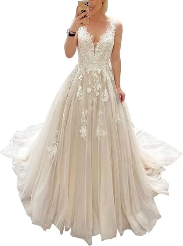 JAEDEN Brautkleider V-Ausschnitt Tüll Spitze Hochzeitskleider für Damen A-Linie Standesamt Kleid mit Schleppe Elfenbein 38 von JAEDEN