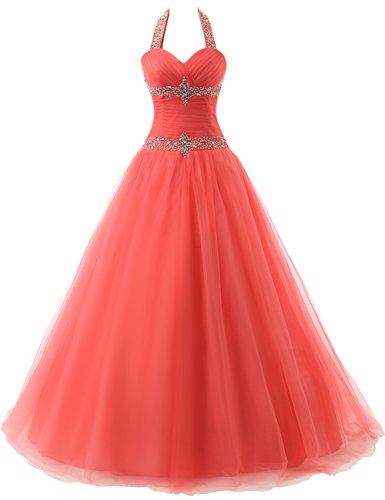 JAEDEN Ballkleider Lang Abendkleider Damen Quinceanera Kleid Festkleider Tüll Neckholder Koralle EUR58 von JAEDEN