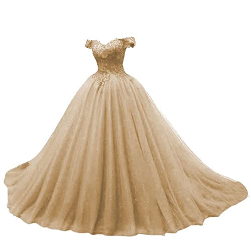 JAEDEN Quinceanera Kleider Prinzessin Lang Tüll A-Linie Ballkleider Abiballkleider Cinderella Abschluss Kleid Schulterfrei Champagner 50 von JAEDEN