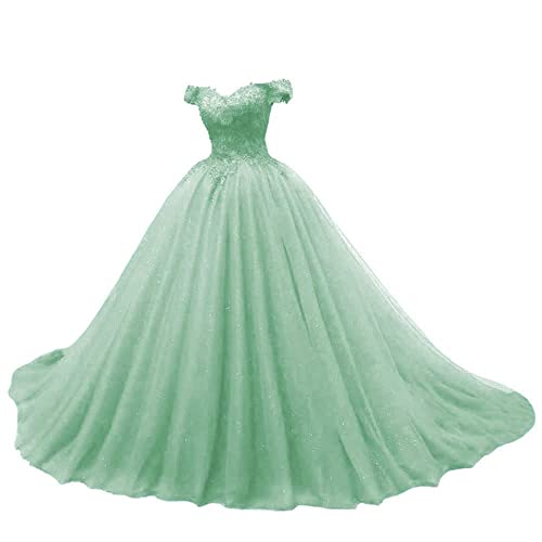 JAEDEN Quinceanera Kleider Prinzessin Lang Tüll A-Linie Ballkleider Abiballkleider Cinderella Abschluss Kleid Schulterfrei Minze 32 von JAEDEN