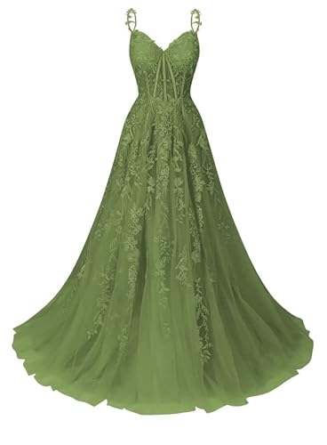 JAEDEN Tüll Ballkleider Lang A-Linie Abendkleid Spitzen Abiballkleid Ärmellose Festliche Partykleid Olive 40 von JAEDEN