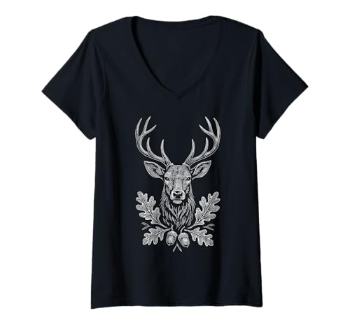 Damen Hirsch Jäger Geschenk Jagd Rothirsch Hirschkopf Zeichnung T-Shirt mit V-Ausschnitt Damen Hirsch Jäger Geschenk Jagd Rothirsch Hirschkopf Zeichnung T-Shirt mit V-Ausschnitt von Jäger Geschenke Jagd Hirsch Eichenlaub Zeichnung
