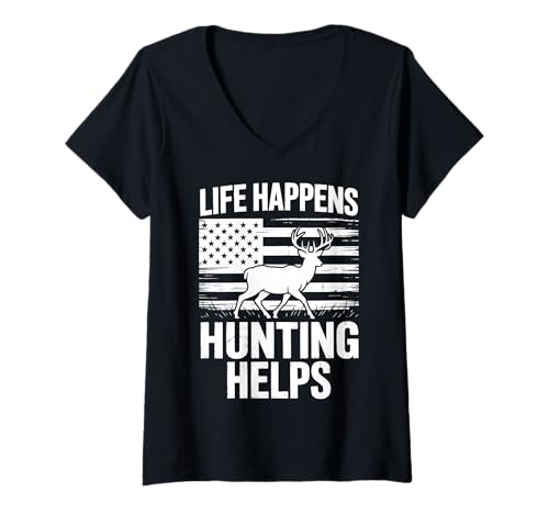 Damen Life Happens Hunting Helps T-Shirt mit V-Ausschnitt von Jäger Hirschjagd Wasservogeljagd