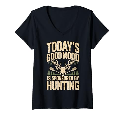 Damen Today's Good Mood is Sponsored by Hunting T-Shirt mit V-Ausschnitt Damen Today's Good Mood is Sponsored by Hunting T-Shirt mit V-Ausschnitt von Jagd Jäger Jagdsaison Hirschsaison Bock