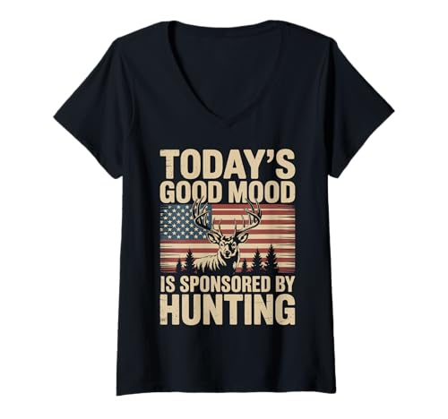 Damen Today's Good Mood is Sponsored by Hunting T-Shirt mit V-Ausschnitt Damen Today's Good Mood is Sponsored by Hunting T-Shirt mit V-Ausschnitt von Jagd Jäger Jagdsaison Hirschsaison Bock