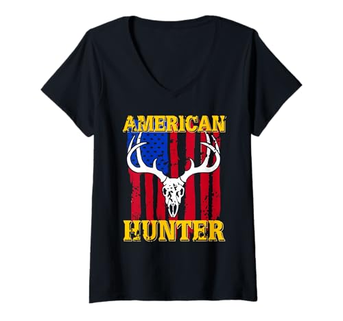Damen Stolzer Amerikanischer Schädeljäger Flagge T-Shirt mit V-Ausschnitt Damen Stolzer Amerikanischer Schädeljäger Flagge T-Shirt mit V-Ausschnitt von Jagd USA Flagge Und Schädel Design