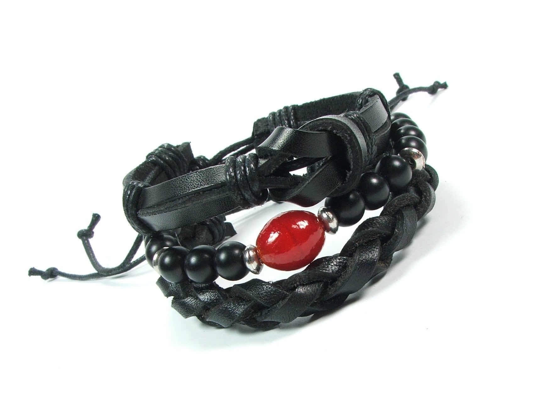 Armbänder Für Männer in Schwarz Leder Und Rot Perlen, Großes Kleines Geschenk, Jeden Tag Tragen, Wunder Geschenke von JagnaStudio