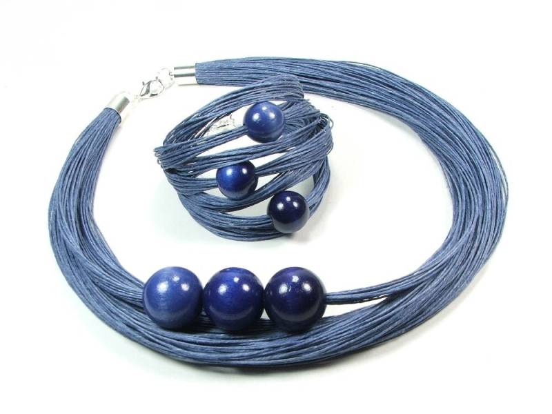 Blaue Kugeln Aus Holzperlen, Blaues Leinenschmuckset, Edelstahlschmuckset, Blaue Leinenkette Mit Blauem Leinenarmband Für Frauen von JagnaStudio