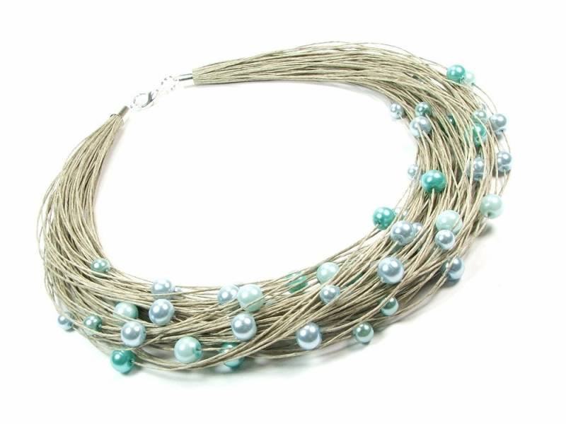 Blaue Mint Glasperlen, Zierliche Halskette Aus Leinen, Leinen, Set Natürlichem Leinenschmuck, Natürlichen Schmuck, Perlenschmuck Leinen von JagnaStudio