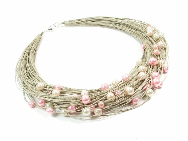 Halskette Mit Rosa Perlen, Perlenkette, Aus Natürlichem Rohleinen, Statement-Perlen, Zierliche Rose von JagnaStudio