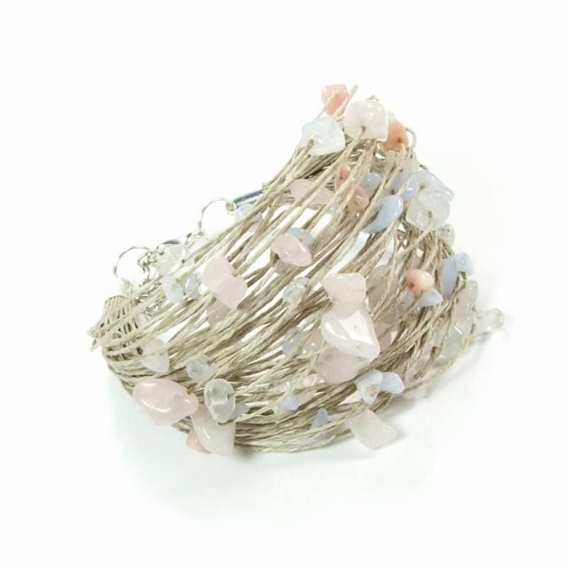 Milchopal Und Rosenquarz Stein Armband, Natürliche Leinen Edelstahl Rosa Hochzeit Armband Für Die Braut, Umweltfreundliche von JagnaStudio