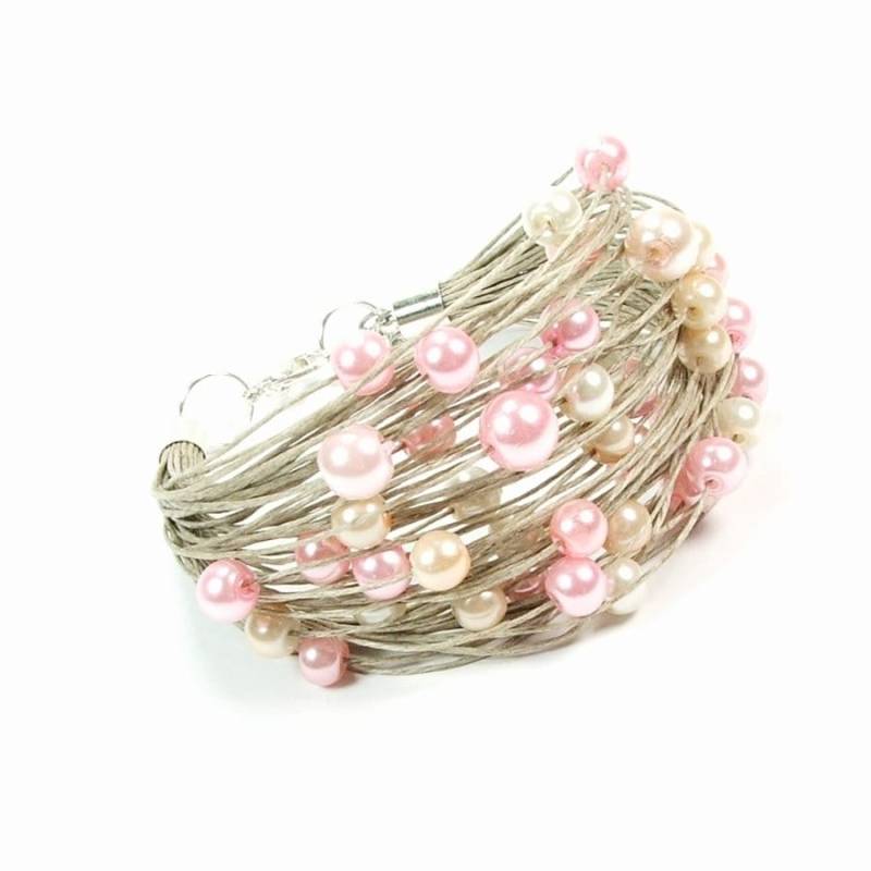 Rosa Perlen Armband, Perlenkette Natürliche Leinenarmband, Statement-Armband Perlen, Zierliche Rose Armband von JagnaStudio