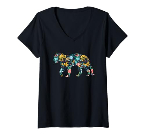 Damen Floral Jaguar Silhouette Damen Mädchen Grafik T-Shirt mit V-Ausschnitt Damen Floral Jaguar Silhouette Damen Mädchen Grafik T-Shirt mit V-Ausschnitt von Jaguar Animal Floral Silhouette Jaguar Lover