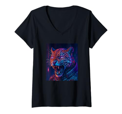 Damen Jaguar Cyberpunk T-Shirt mit V-Ausschnitt Damen Jaguar Cyberpunk T-Shirt mit V-Ausschnitt von Jaguar Cyberpunk Merch