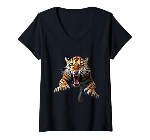 Damen Wütender Jaguar-Kopf, brüllend, wildes Tier, Dschungelkunst T-Shirt mit V-Ausschnitt Damen Wütender Jaguar-Kopf, brüllend, wildes Tier, Dschungelkunst T-Shirt mit V-Ausschnitt von Jaguar Fun Designs