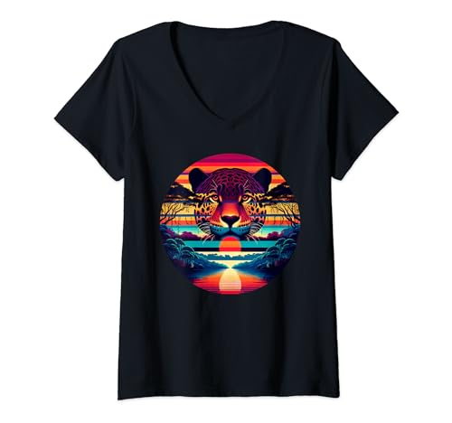Damen Jaguar Sunset Retro Style Safari Vintage 70er Jahre T-Shirt mit V-Ausschnitt von Jaguar Sunset Retro Vintage Store