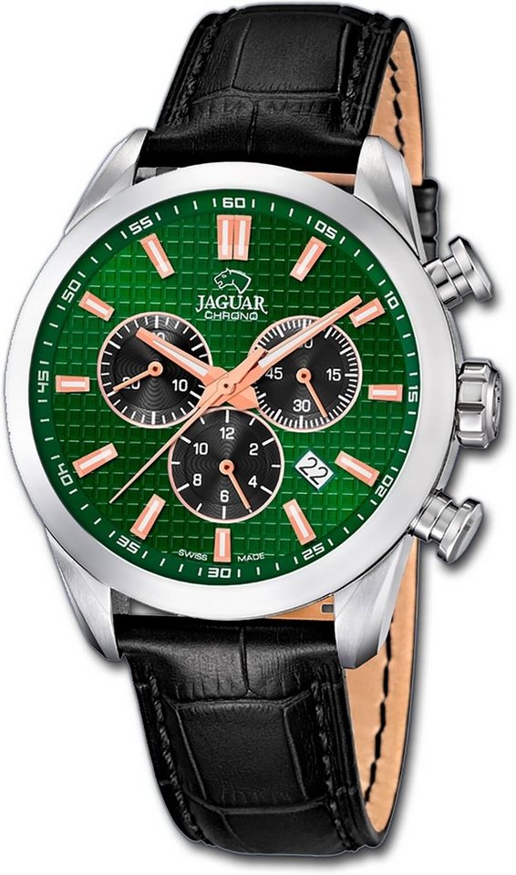 JAGUAR Chronograph Jaguar Leder Herren Uhr J866/3 Chron, Herrenuhr mit Lederarmband, rundes Gehäuse, groß (ca. 43mm), Sport-Sty von JAGUAR