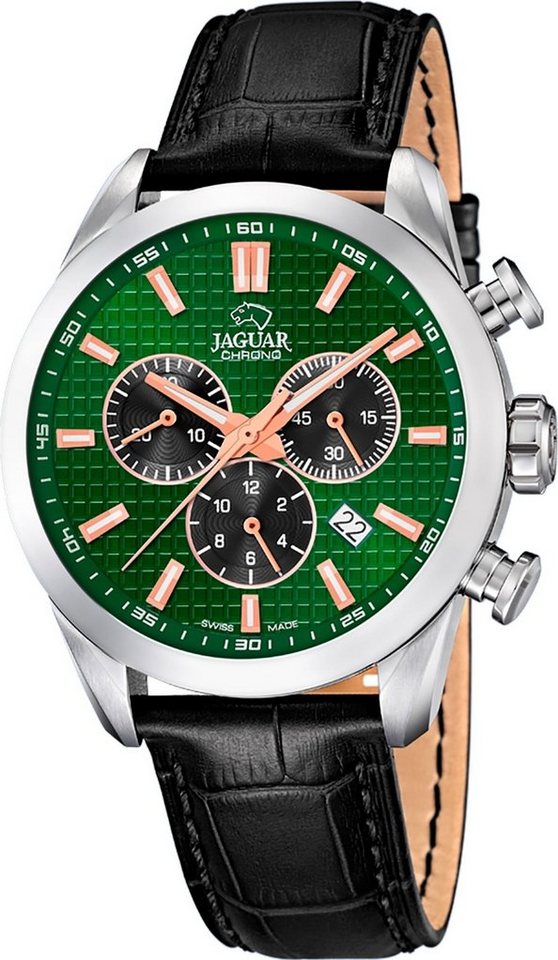 JAGUAR Chronograph Jaguar Herren Armbanduhr ACM, Herrenuhr rund, groß (ca. 43mm), Edelstahl, Lederarmband, Sport-Style von JAGUAR