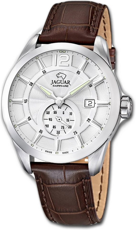 JAGUAR Quarzuhr Jaguar Leder Herren Uhr J663/1 Elegant, Herrenuhr mit Lederarmband, rundes Gehäuse, groß (ca. 43mm), Elegant-S von JAGUAR