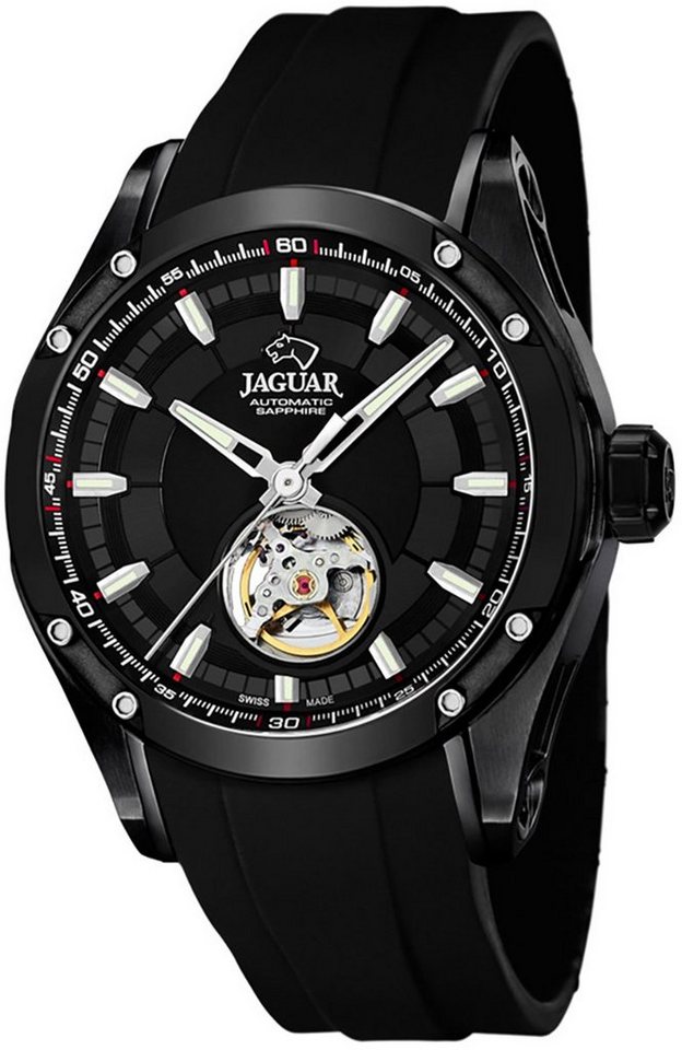 JAGUAR Quarzuhr Jaguar Herren Uhr Automatik J813/1 PUR, Herren Armbanduhr rund, PURarmband schwarz, Elegant von JAGUAR