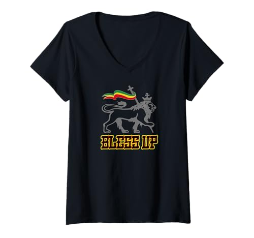 Damen Bless UP Reggae Rasta Kleidung Selassie Lion of Judah T-Shirt mit V-Ausschnitt Damen Bless UP Reggae Rasta Kleidung Selassie Lion of Judah T-Shirt mit V-Ausschnitt von Jah Ital Rasta Shirt Rastafari Vibes Judah Löwe