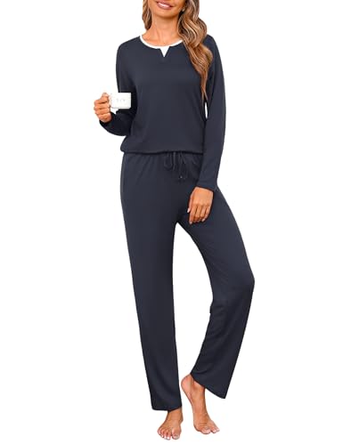 Jahetuul Damen Pyjama Set Langarm Zweiteilig Rundhalsausschnitt Schlafanzug Baumwolle Unifarben Bequeme Nachtwäsche mit Lagenoptik am Ausschnitt für Herbst & Winter von Jahetuul