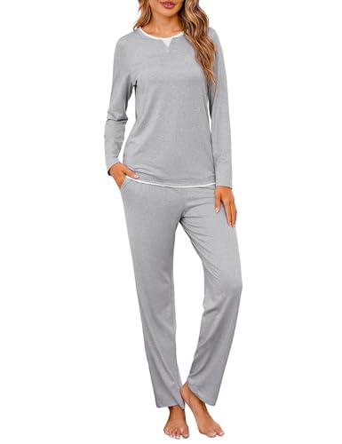 Jahetuul Damen Pyjama Set Langarm Zweiteilig Rundhalsausschnitt Schlafanzug Baumwolle Unifarben Bequeme Nachtwäsche mit Lagenoptik am Ausschnitt für Herbst & Winter von Jahetuul