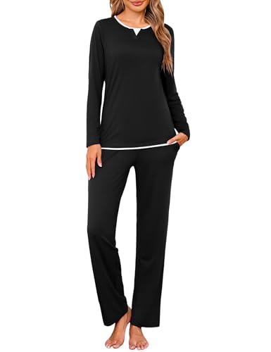 Jahetuul Damen Pyjama Set Langarm Zweiteilig Rundhalsausschnitt Schlafanzug Baumwolle Unifarben Bequeme Nachtwäsche mit Lagenoptik am Ausschnitt für Herbst & Winter von Jahetuul