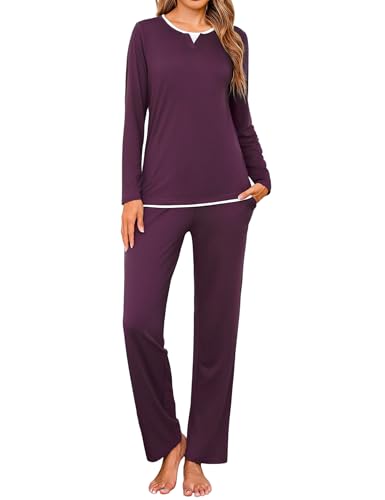 Jahetuul Damen Pyjama Set Langarm Zweiteilig Rundhalsausschnitt Schlafanzug Baumwolle Unifarben Bequeme Nachtwäsche mit Lagenoptik am Ausschnitt für Herbst & Winter von Jahetuul