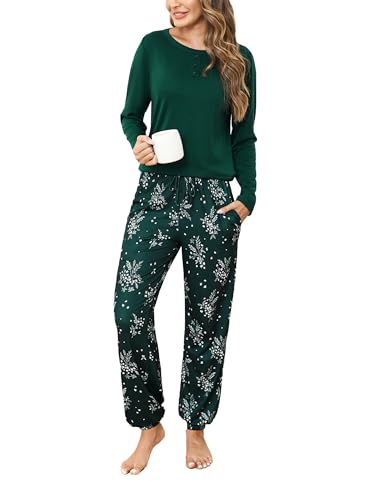 Jahetuul Damen Schlafanzug Baumwolle Pyjama Damen mit Blumenmuster Schlafanzüge für Mädchen Homewear Women Pyjamas Set Schlafhosen Baumwolle lang von Jahetuul