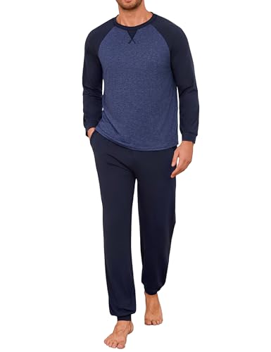 Jahetuul Herren Pyjama Set Langarm aus Baumwolle Rundhals Kontrast Raglanärmel Bündchenhose mit verstellbarem Bund Bequemes Hausanzug für Herbst und Winter von Jahetuul