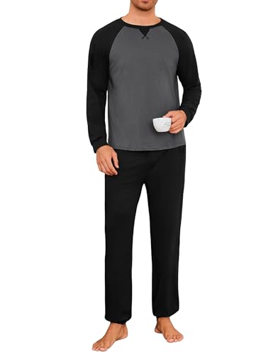 Jahetuul Herren Pyjama Set Langarm aus Baumwolle Rundhals Kontrast Raglanärmel Bündchenhose mit verstellbarem Bund Bequemes Hausanzug für Herbst und Winter von Jahetuul