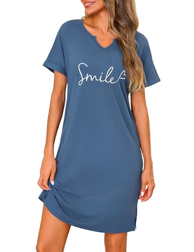 Jahetuul Nachthemd Damen Herz Smile Print V-Ausschnitt Baumwolle Schlafshirt Kurzarm Schlafkleid locker Nachtwäsche Nachthemden für Damen Negligee von Jahetuul
